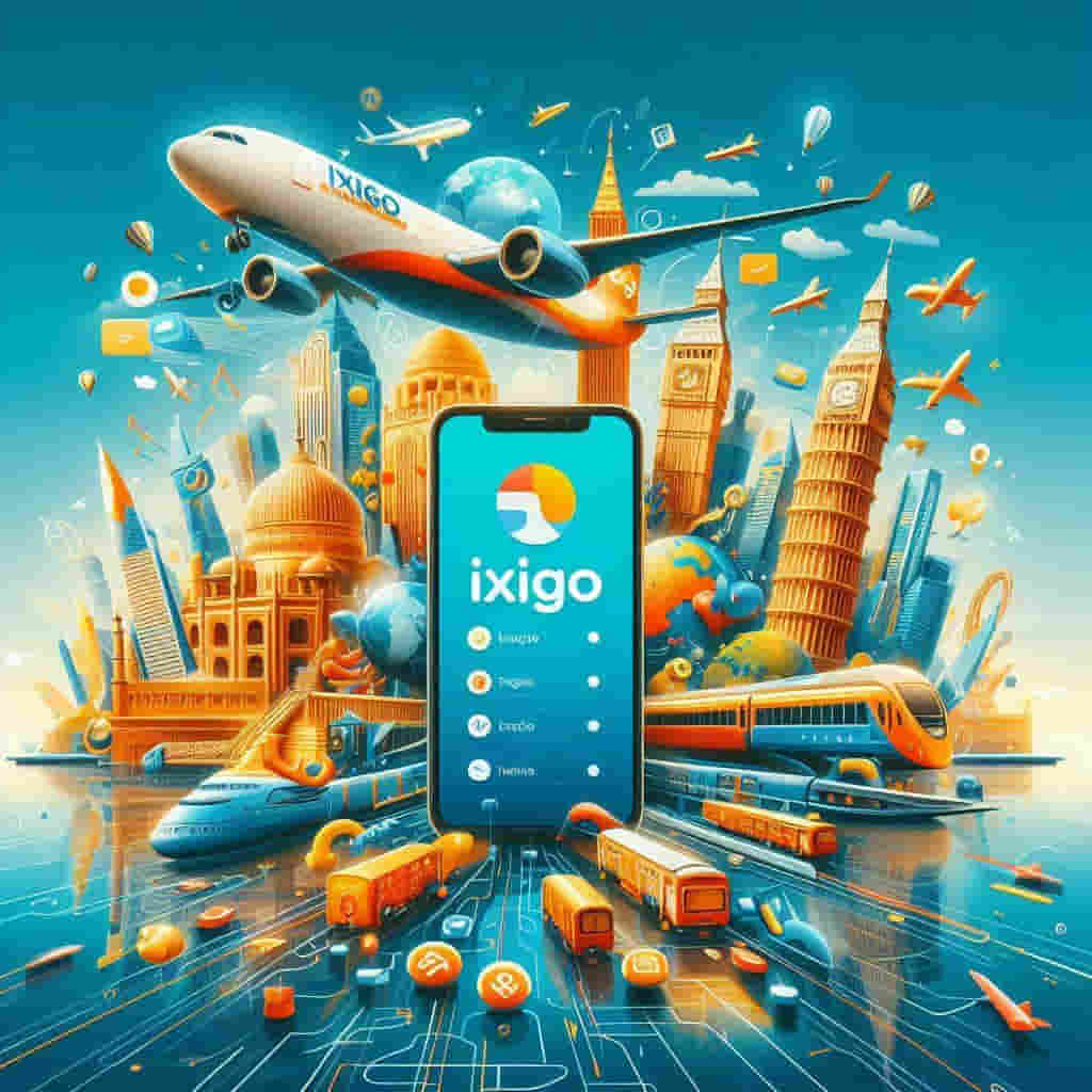 A vibrant image representing the Ixigo IPO, featuring travel elements like airplanes, trains, and hotels. The Ixigo app is displayed on a smartphone, showcasing a modern, user-friendly interface. Iconic global landmarks are in the background, symbolizing worldwide travel possibilities. The image uses vibrant colors to convey excitement and adventure, with the Ixigo logo prominently displayed for brand recognition.