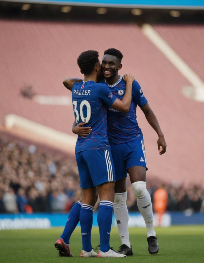 Chelsea's rising stars Nicolas Jackson and Cole Palmer celebrating after their dominant performance in the 3-0 victory over West Ham, representing the future of Chelsea Football Club.






