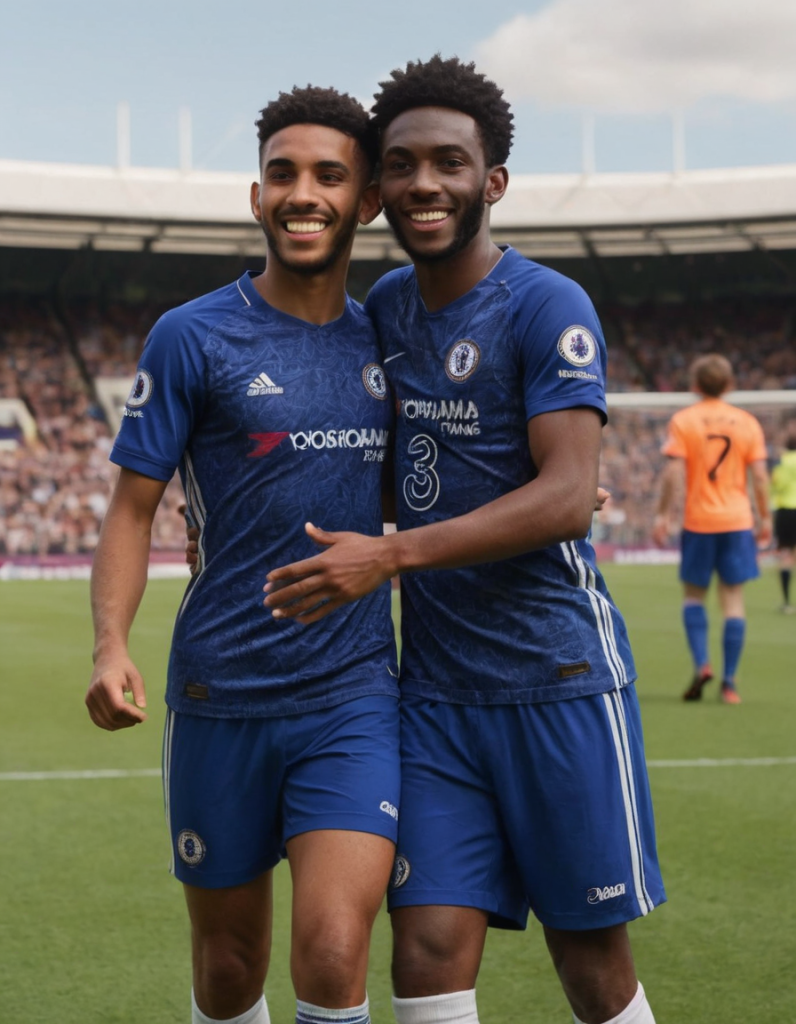 Chelsea's rising stars Nicolas Jackson and Cole Palmer celebrating after their dominant performance in the 3-0 victory over West Ham, representing the future of Chelsea Football Club.