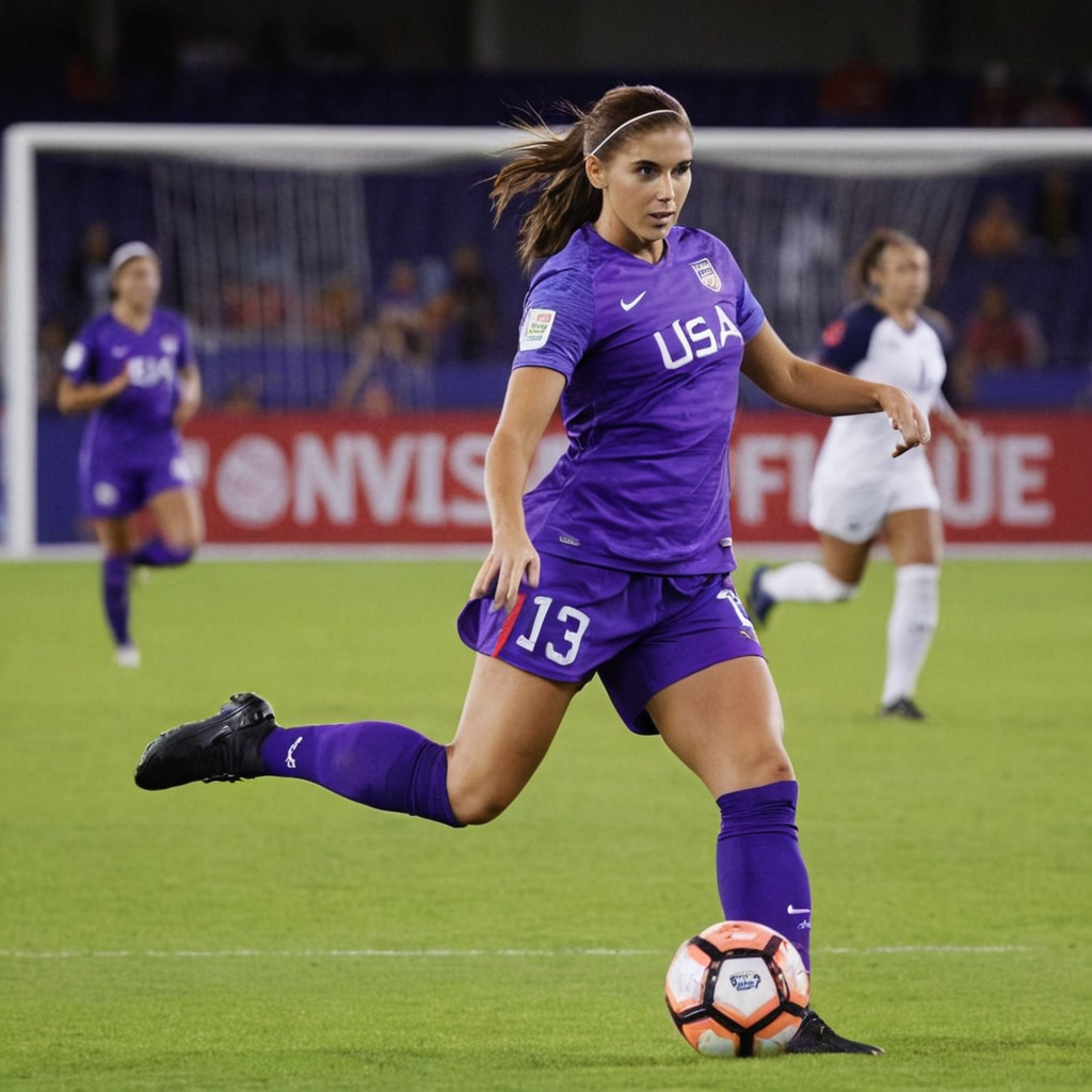 Alex Morgan standing on a soccer field at sunset, wearing a USA jersey with a soccer ball at her feet and a stadium of cheering fans in the background, symbolizing her legacy in women's soccer.