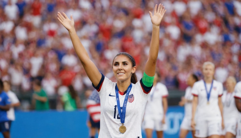 Alex Morgan standing on a soccer field at sunset, wearing a USA jersey with a soccer ball at her feet and a stadium of cheering fans in the background, symbolizing her legacy in women's soccer.