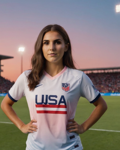 Alex Morgan standing on a soccer field at sunset, wearing a USA jersey with a soccer ball at her feet and a stadium of cheering fans in the background, symbolizing her legacy in women's soccer.